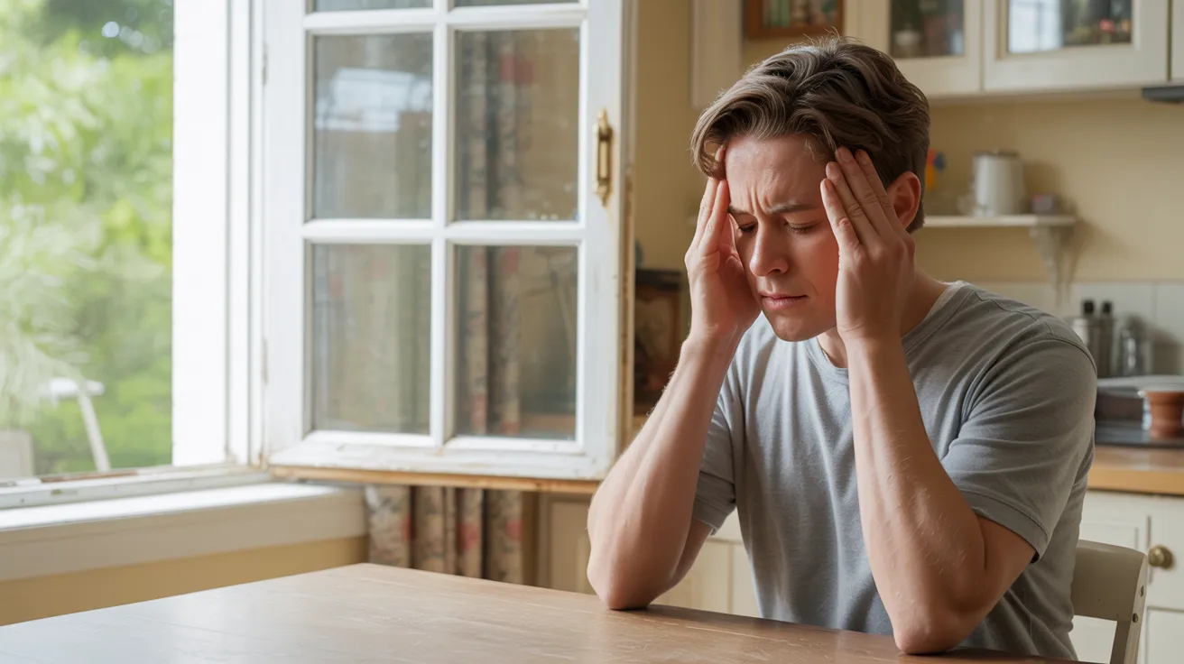 A young person in a gray shirt sits at a wooden table in a kitchen, holding their head with both hands, appearing stressed. Sunlight streams in through an open window.