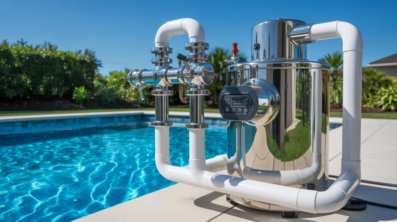 A shiny, modern pool filtration system with white PVC pipes is set beside a clear blue swimming pool. Sunny weather and green foliage in the background.
