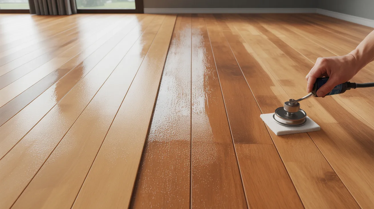 A hand polishing a wooden floor with a tool, creating a glossy finish. The space appears bright and clean, conveying a sense of care and renewal.