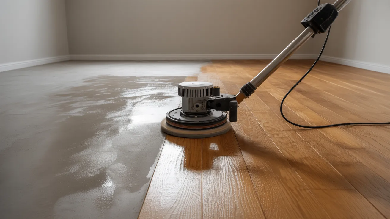 A floor buffer polishes hardwood floor to a glossy shine, transforming a dull, matte surface into a vibrant, warm wooden finish. Bright, clean atmosphere.
