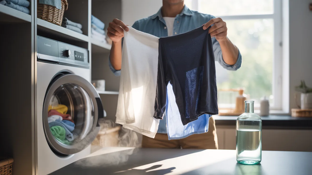 A man holds a shirt in front of a washing machine, preparing to do laundry.