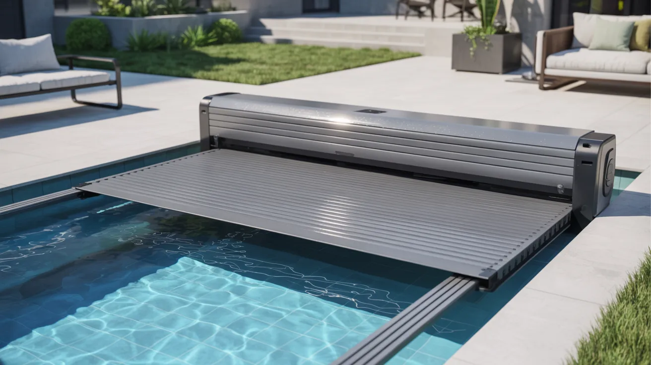 A modern pool with a sleek automated cover partially extended, surrounded by a tidy patio and seating area. Bright and serene outdoor setting.