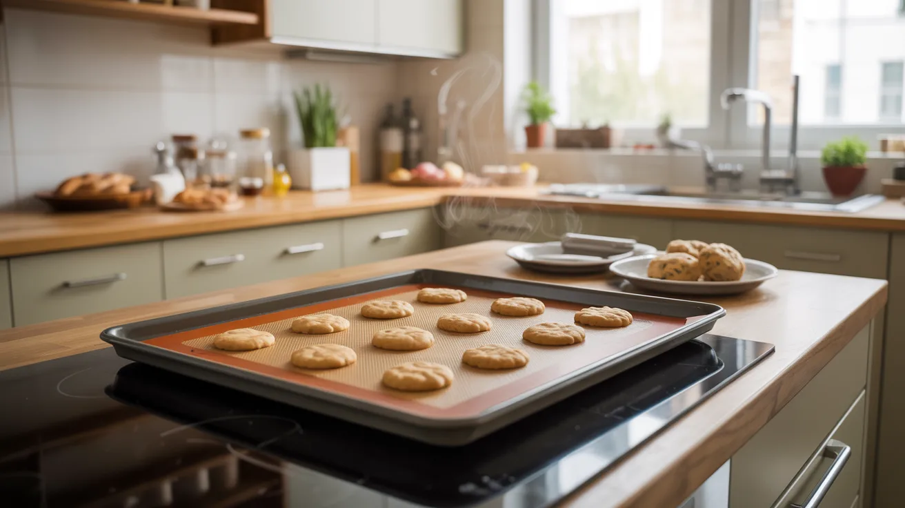A baking tray filled with freshly baked cookies sits on a kitchen countertop.