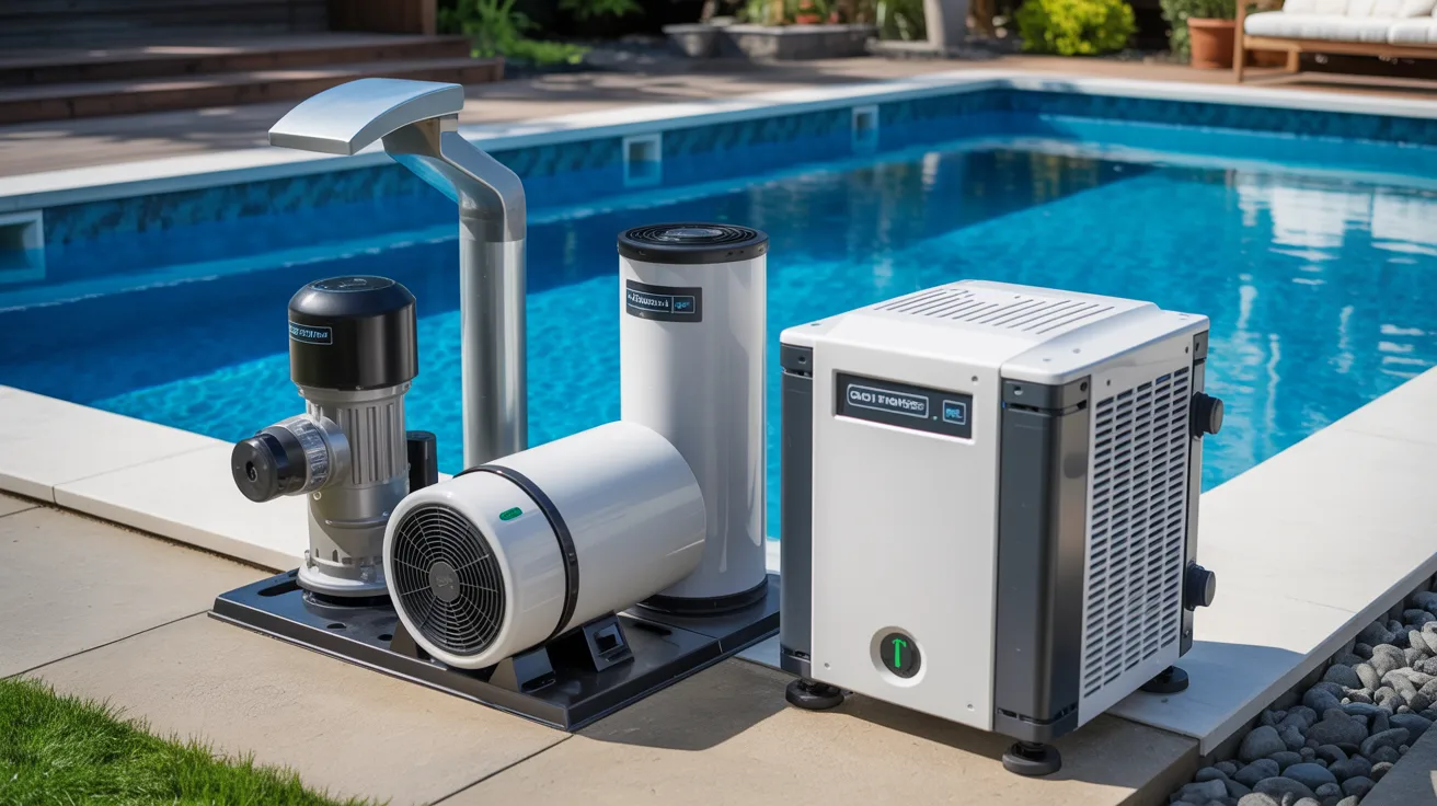 Outdoor view of a poolside area showcasing modern pool equipment, including a pump, heater, and filter, set on a patio next to a clear blue pool.