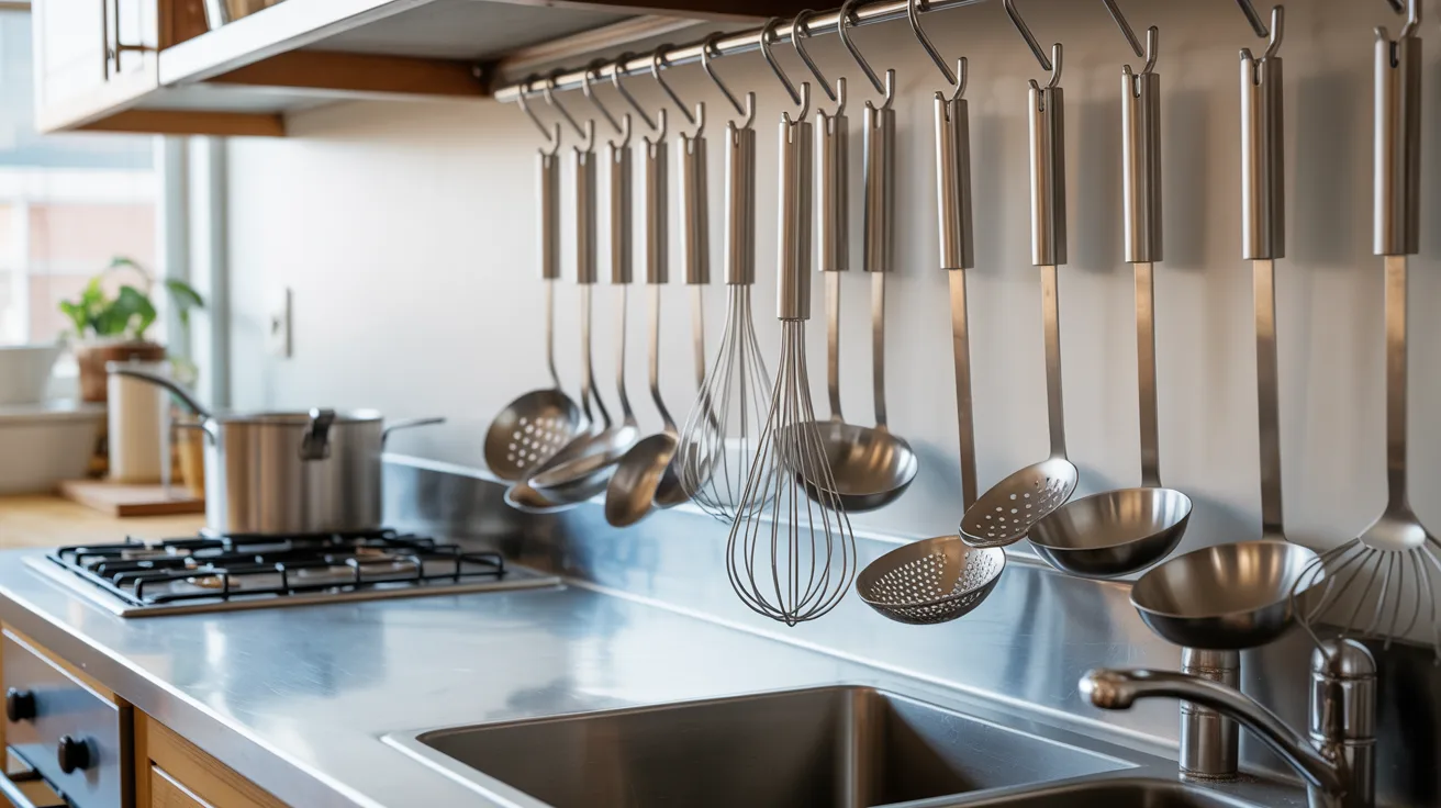A kitchen featuring stainless steel utensils neatly hanging on the wall, showcasing a modern and organized cooking space.