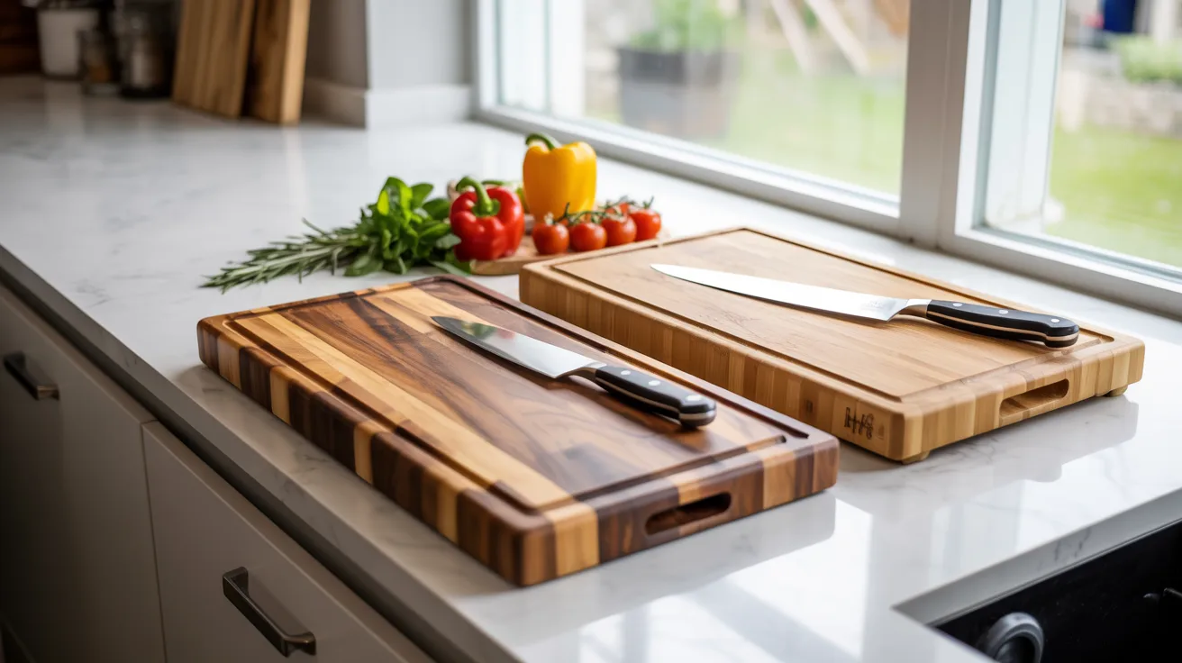 Two wooden cutting boards on a kitchen counter, with a sharp knife resting on one of the boards.