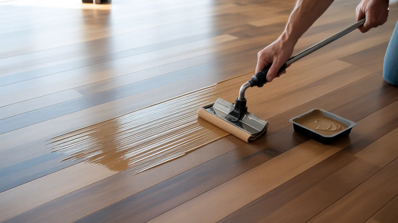 Person applying wood stain on a smooth, brown hardwood floor with a pad applicator. The image conveys a sense of precision and care in home improvement.