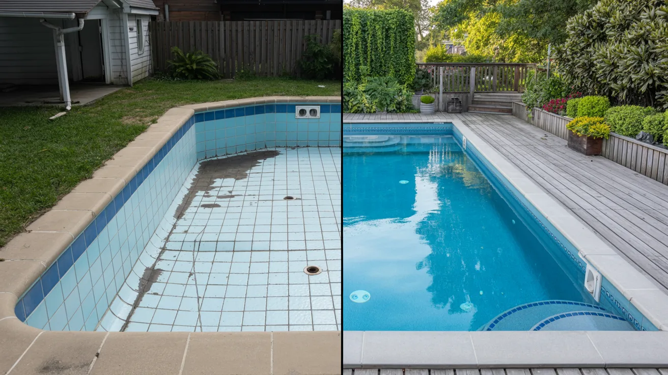 Split image comparison of a backyard swimming pool. Left shows an empty, dirty pool; right shows a clean, filled pool with a wooden deck and lush plants.