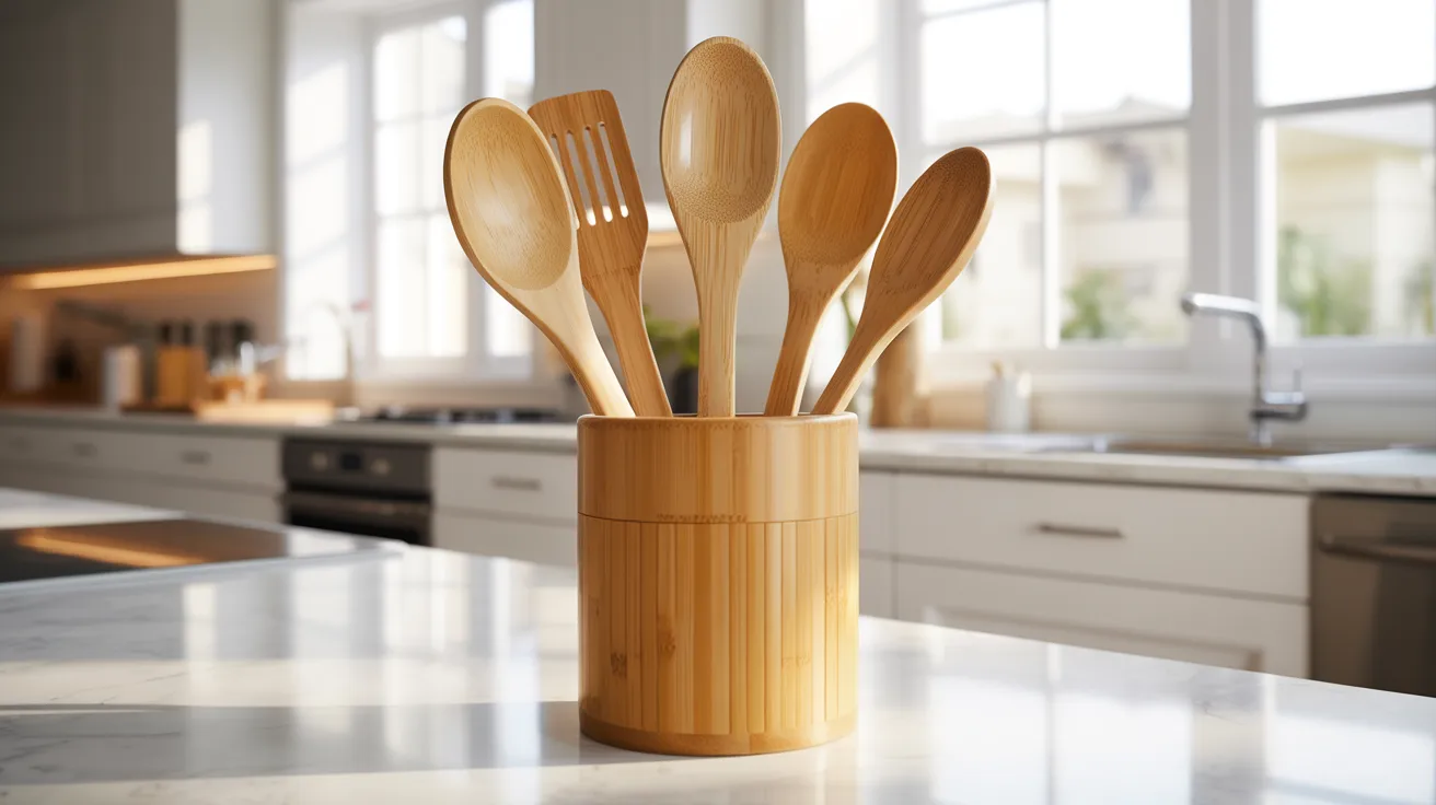 Bamboo utensils arranged in a vase on a kitchen counter, adding a natural touch to the cooking space.