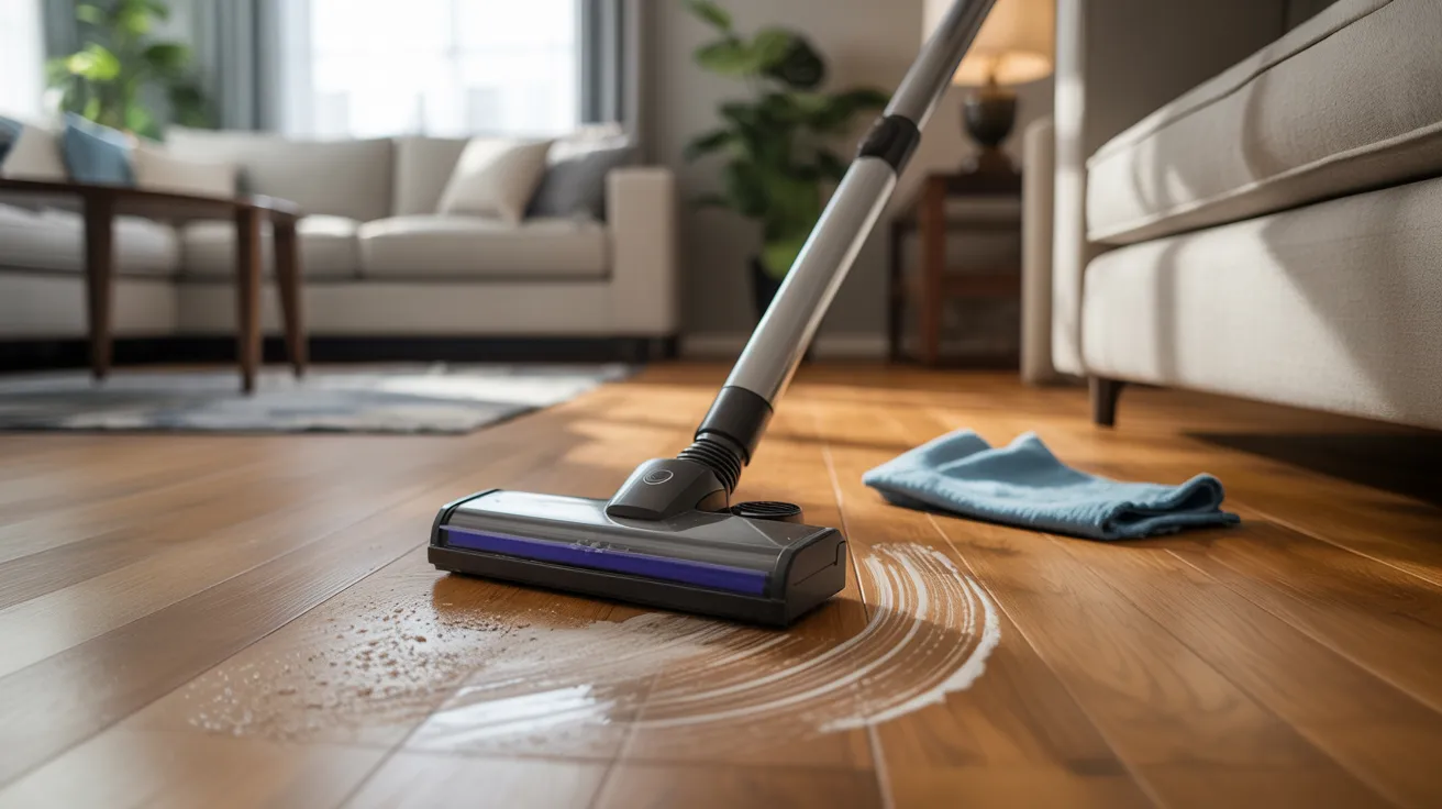 A vacuum cleaner mop is cleaning a spill on a shiny hardwood floor in a cozy living room. Sunlight streams through the window, and a blue cloth lies nearby.