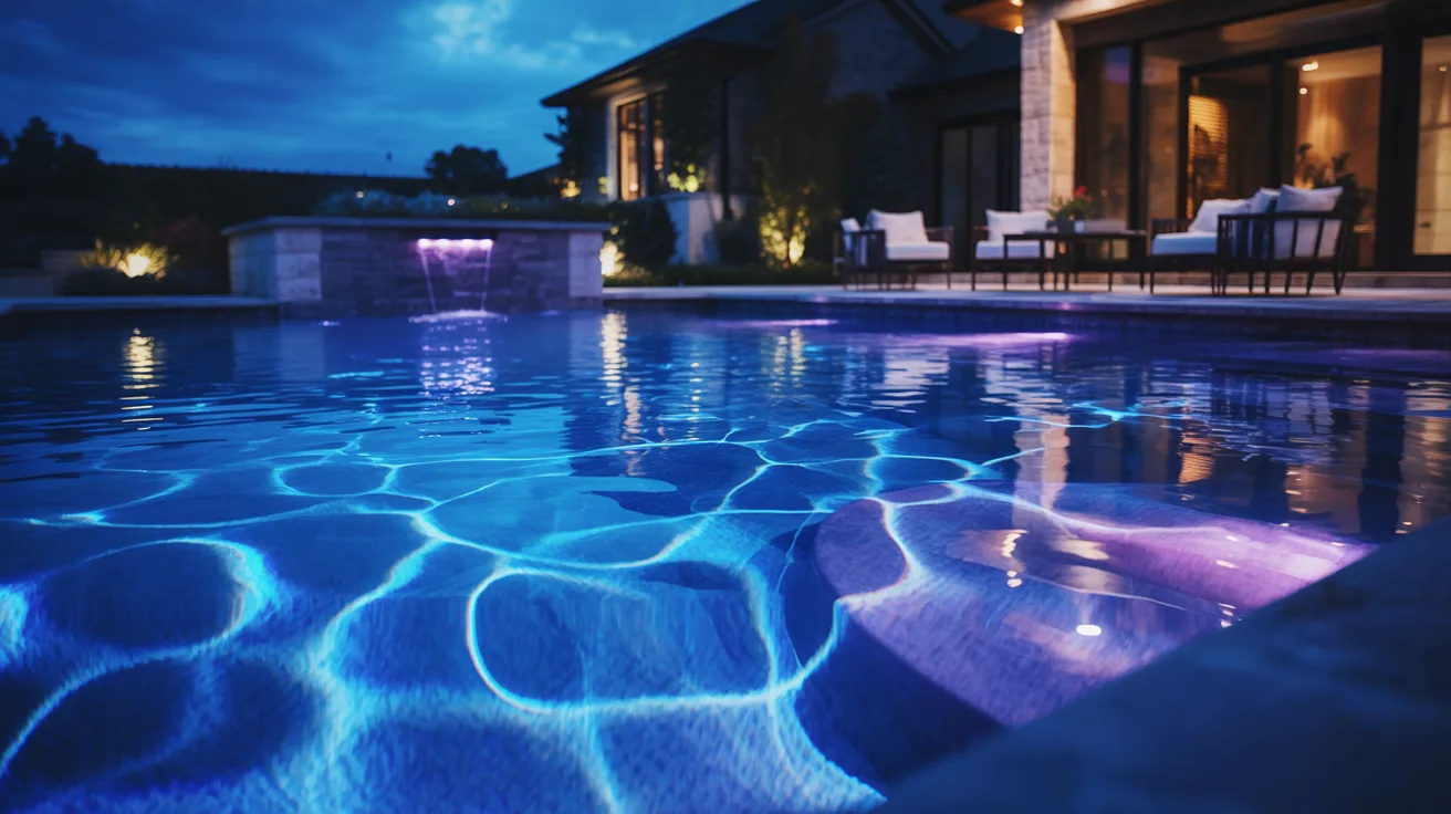 Luxurious backyard pool at night, glowing with blue and purple lights. Modern patio furniture sits on a terrace. The scene is tranquil and inviting.