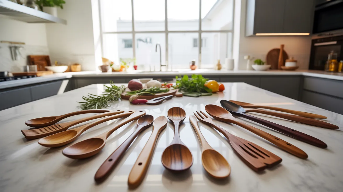 A kitchen counter displaying an assortment of wooden spoons and forks arranged neatly.