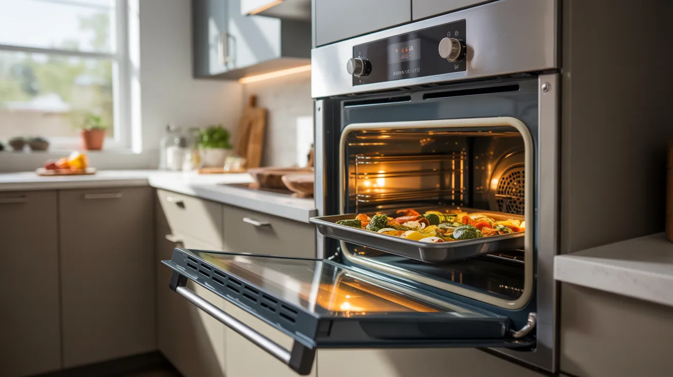 A kitchen featuring an oven with food cooking inside, showcasing a warm and inviting culinary environment.