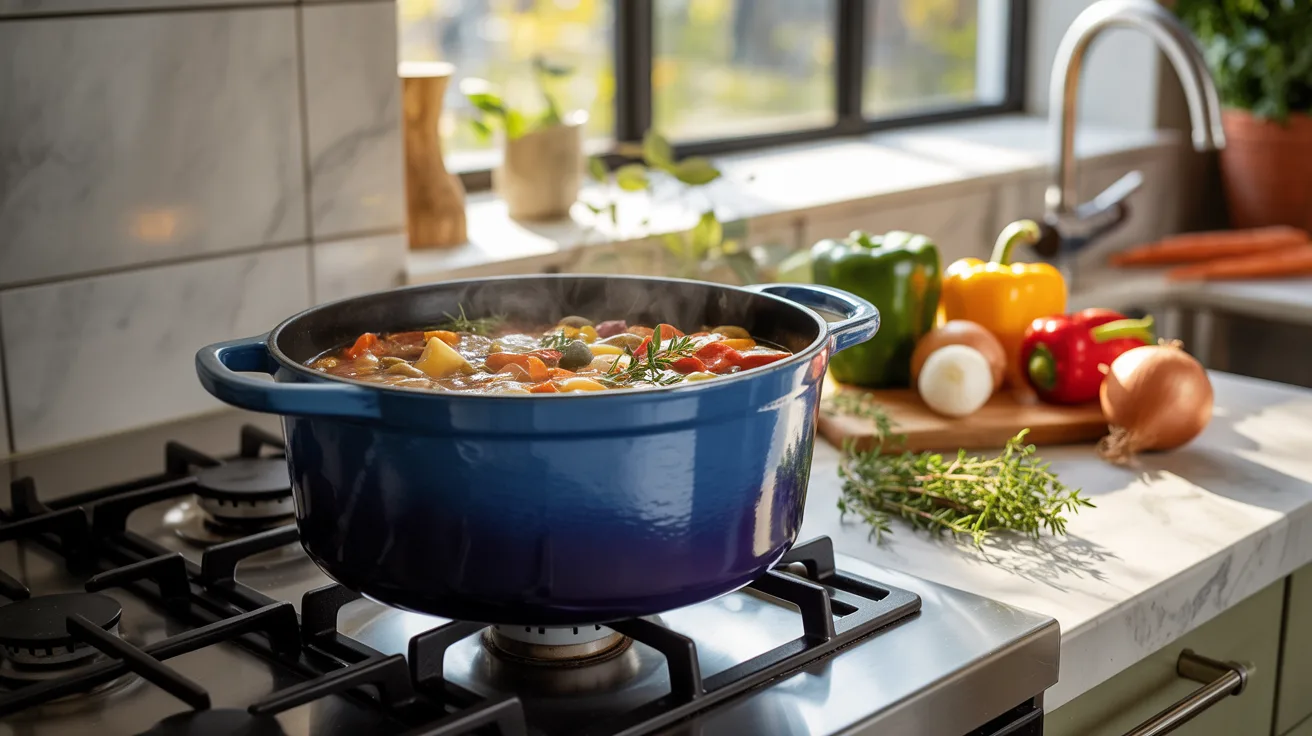 A blue pot on a stove filled with colorful vegetables and various ingredients, ready for cooking.