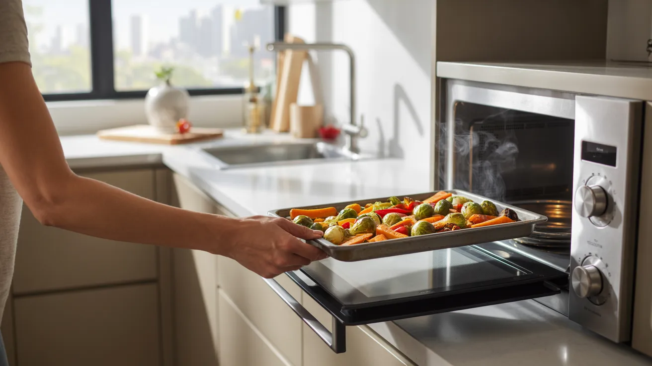 A person holds a tray of roasted vegetables just removed from the oven, showcasing vibrant colors and textures.