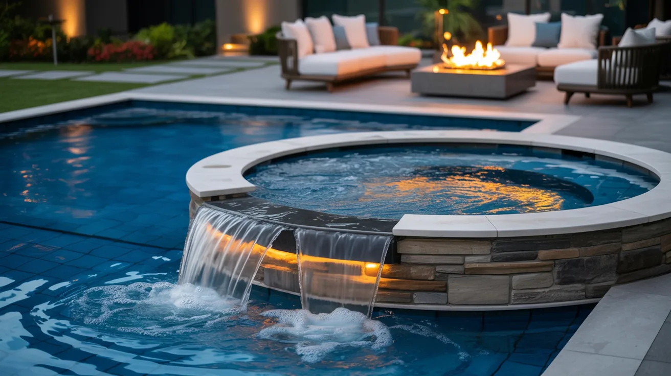 Luxurious poolside featuring a round hot tub with a stone cascade into the pool. Nearby, a cozy seating area with a glowing fire pit exudes warmth and relaxation.