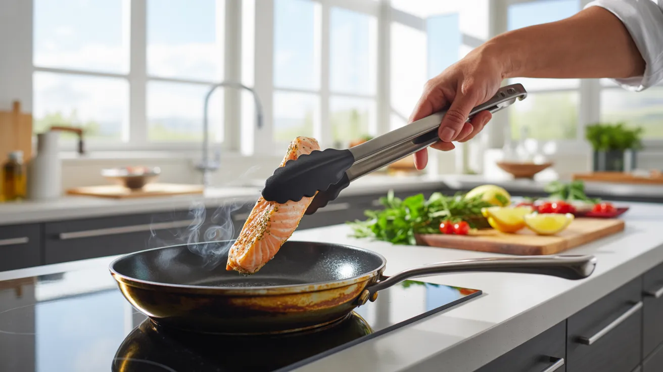 A person cooks fish in a pan, using a spatula to flip it over while standing at a kitchen stove.