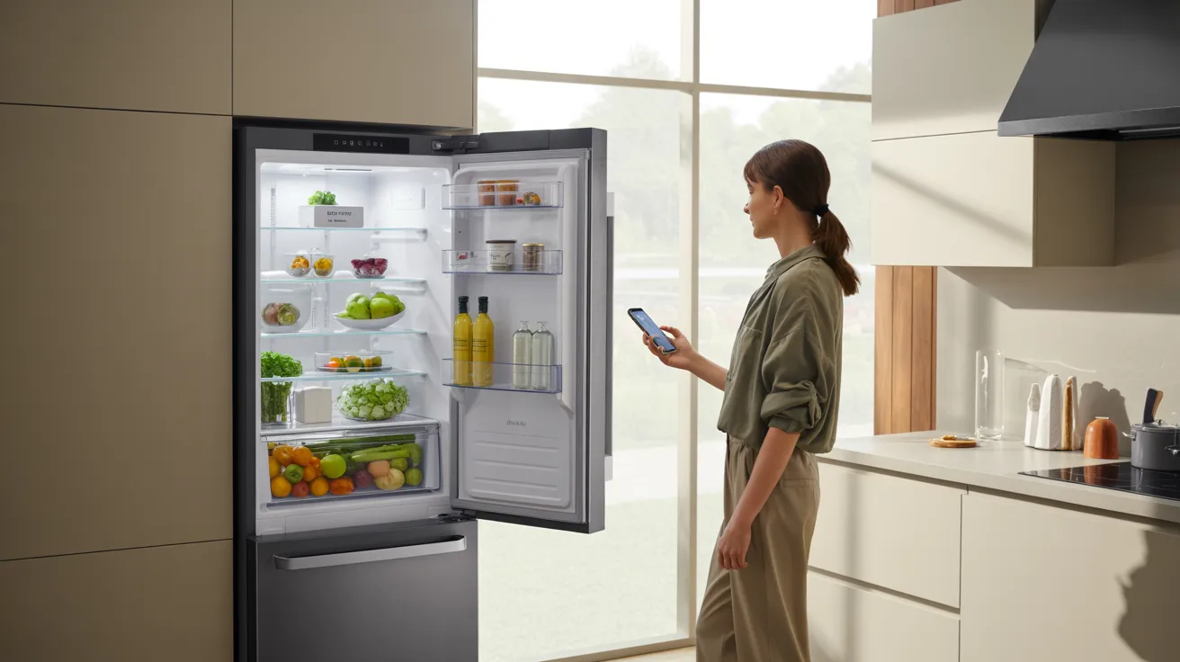 A woman stands in front of an open refrigerator, looking inside with a thoughtful expression.