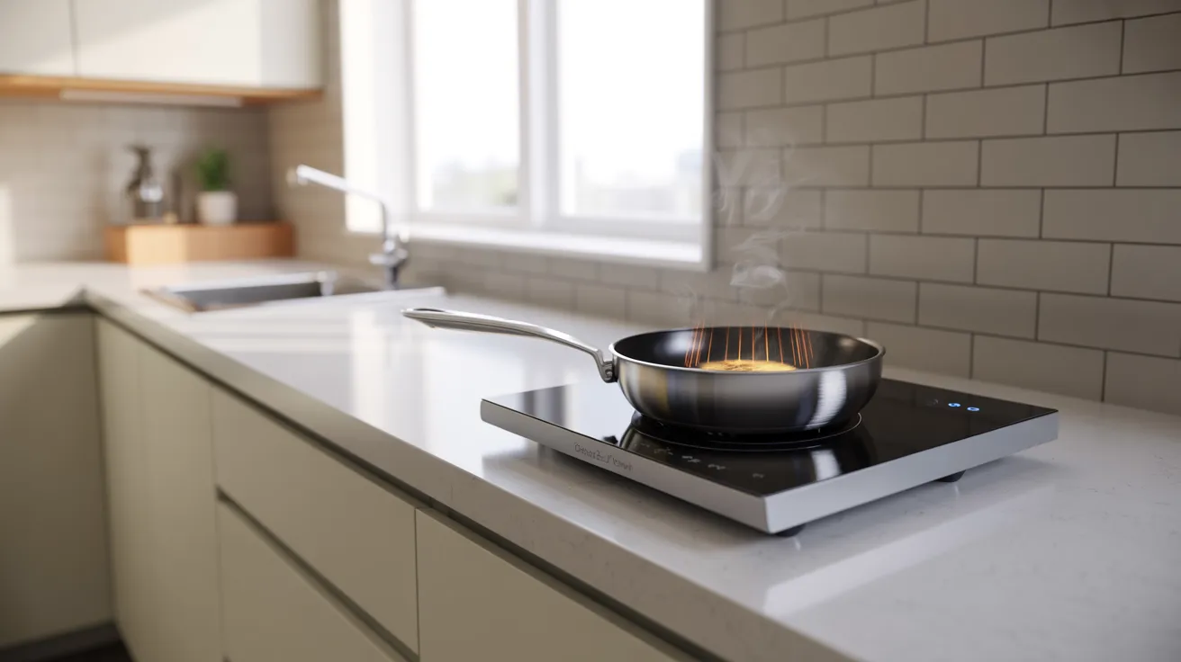 A pan sits on a stove top in a modern kitchen, ready for cooking.