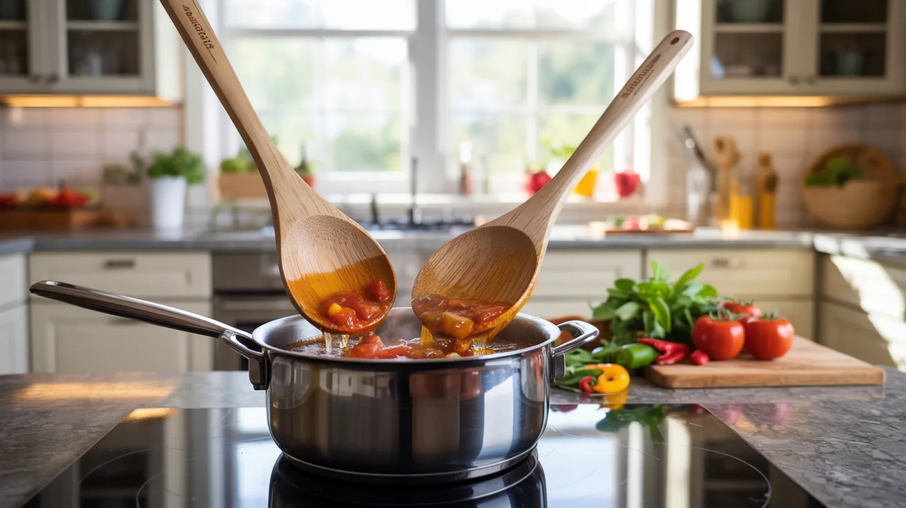 Two wooden spoons stir a pot of rich, simmering tomato sauce on a stovetop.
