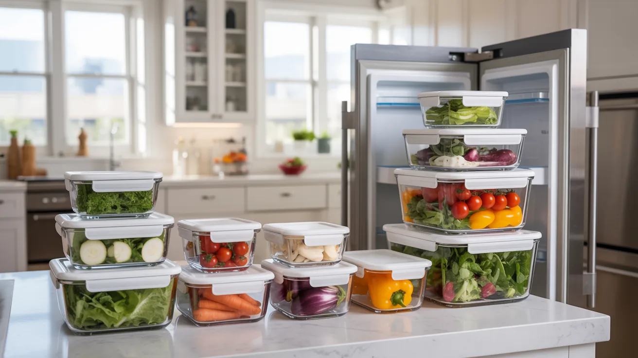 A refrigerator filled with various containers of fresh vegetables, showcasing a colorful assortment of produce.