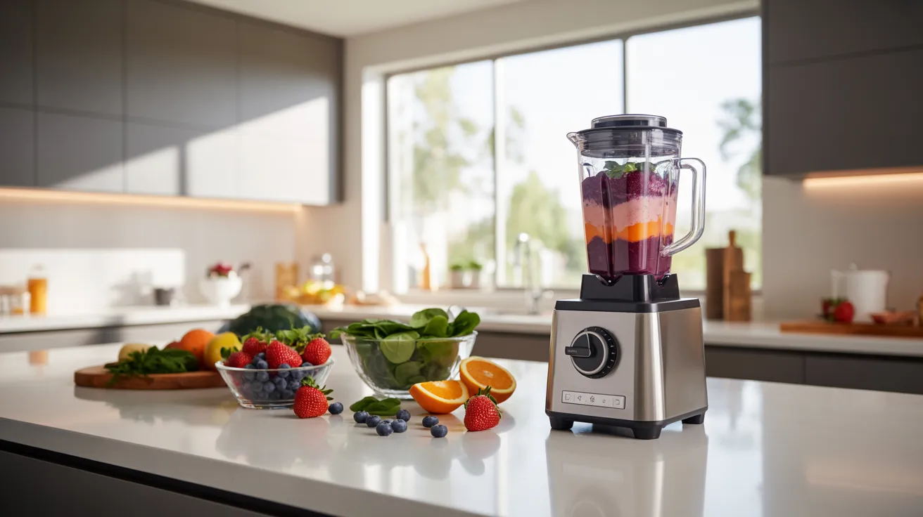 A blender is placed on a kitchen counter, ready for use in food preparation.