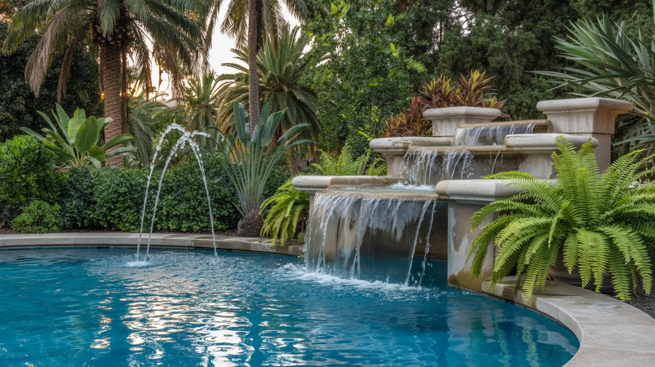 A serene pool with cascading waterfalls surrounded by lush tropical plants and palms, creating a tranquil and refreshing oasis atmosphere.