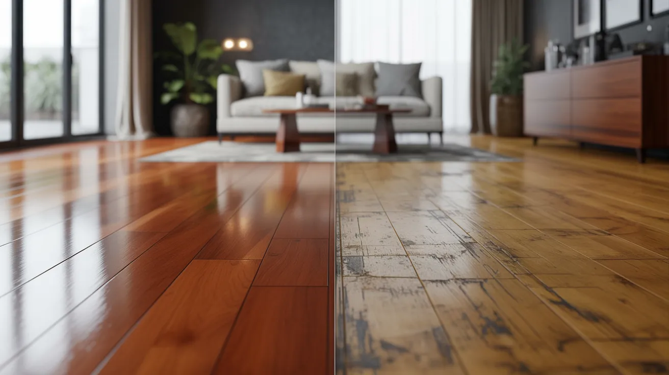 A living room with a split image showing two types of wooden flooring. Left side is shiny and polished; right side is worn and textured. Modern sofa in the background.