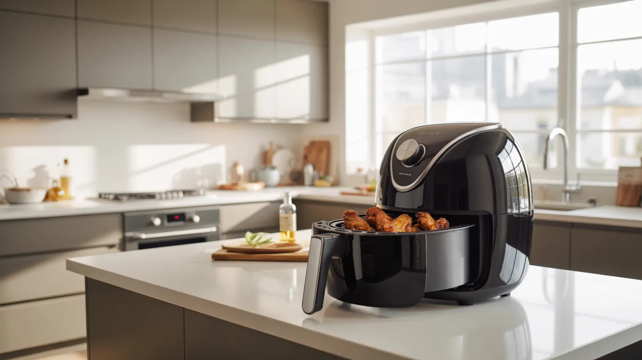 A black air fryer positioned on a kitchen counter, surrounded by a modern kitchen setting.