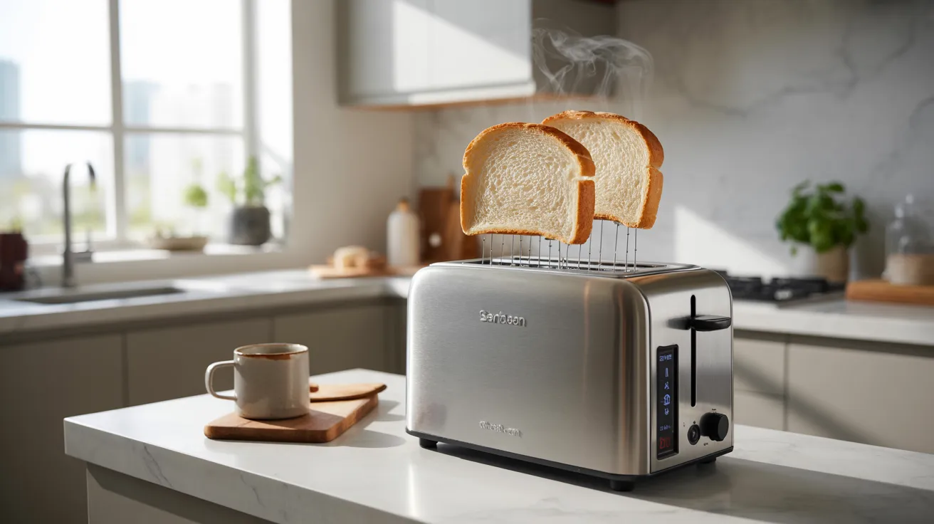 A toaster with two slices of bread resting on top, ready to be toasted.