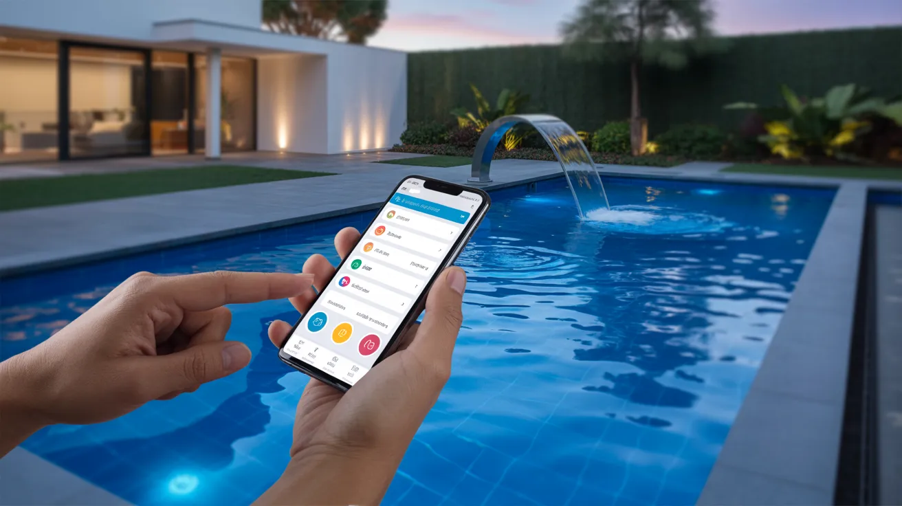 A person uses a smartphone app to control a modern backyard pool with a waterfall feature at dusk. The ambiance is serene and high-tech.