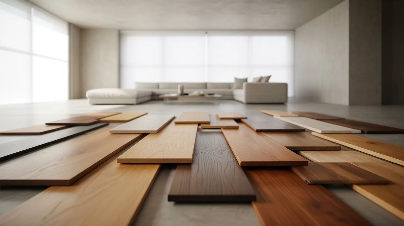 A modern living room with assorted wooden flooring samples in the foreground. A sleek white sectional sofa sits near large, bright windows, creating a minimalist, serene atmosphere.