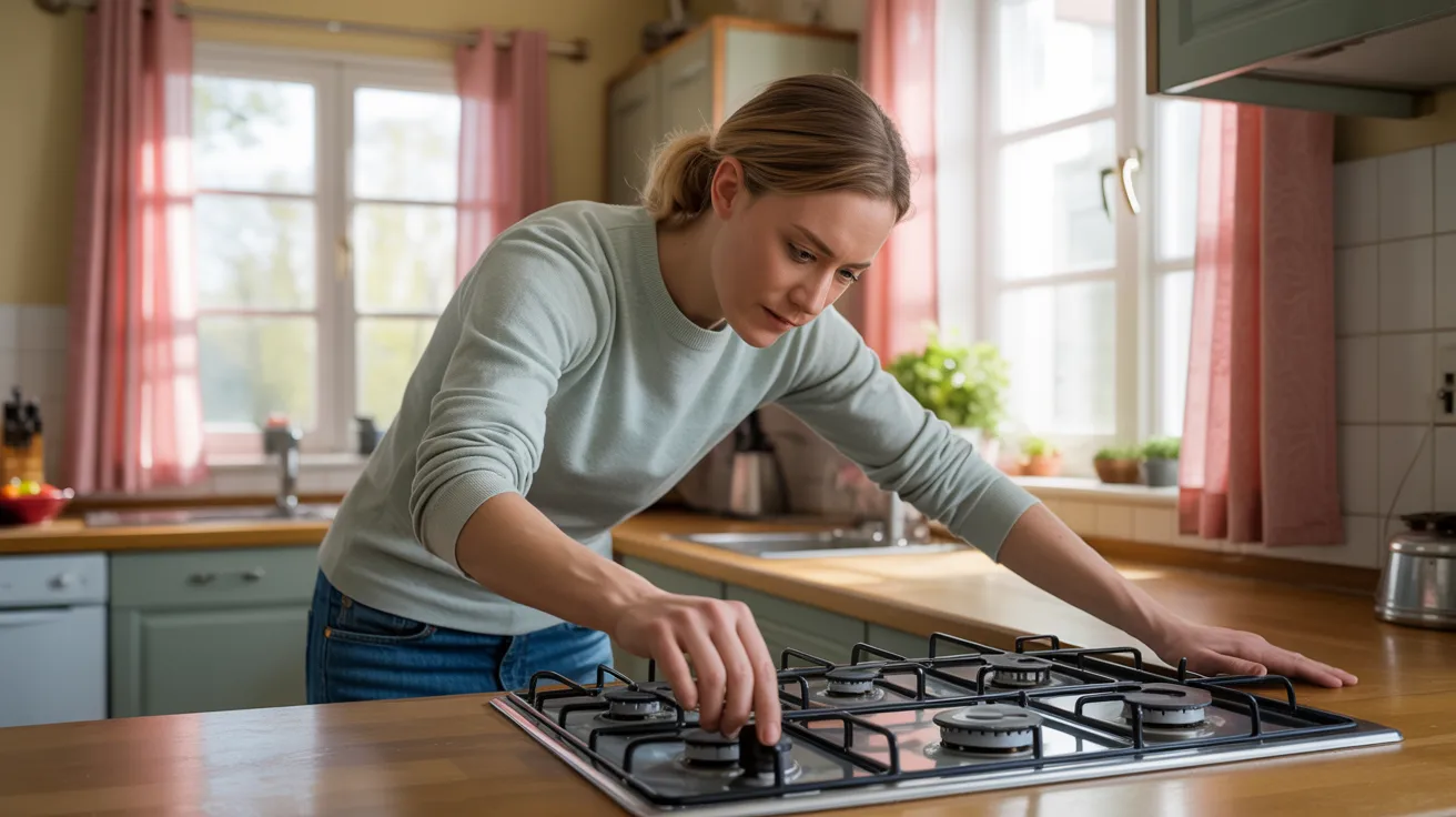 A woman in a light sweater adjusts a gas stove knob in a bright kitchen with pink curtains and wooden countertops. Sunlight streams through a nearby window.