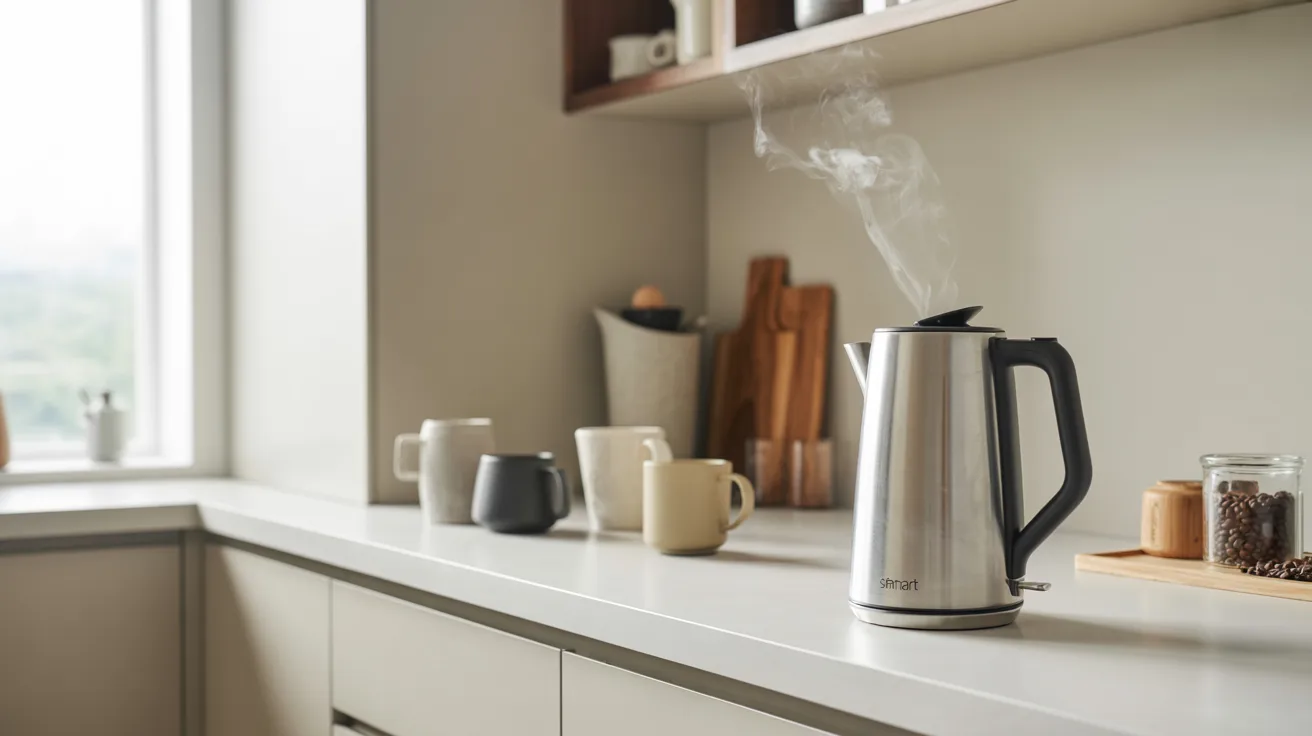 A stainless steel kettle sits on a kitchen counter, reflecting light in a modern kitchen setting.