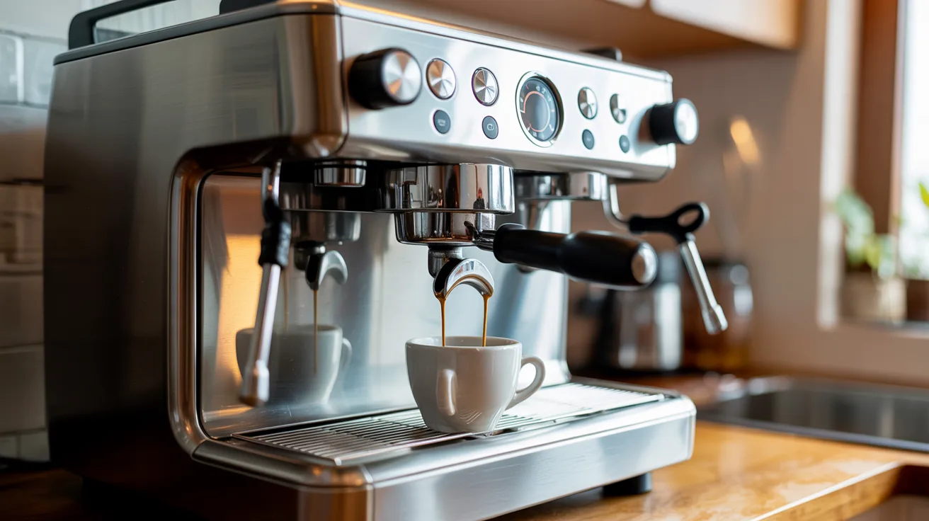 A person is using a coffee machine to brew a fresh cup of coffee in a kitchen setting.