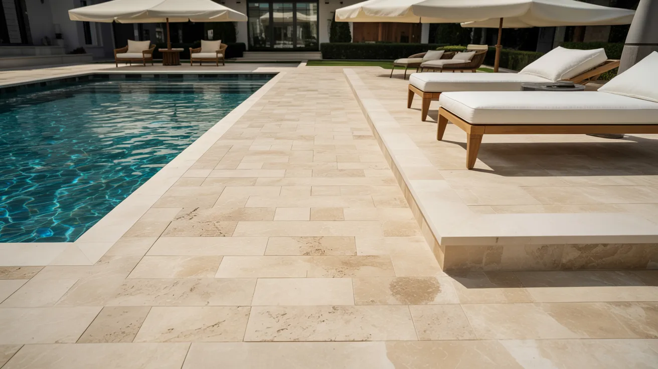 Luxurious poolside scene with beige stone tiles, a clear blue pool, and white cushioned lounge chairs under large umbrellas, exuding relaxation.