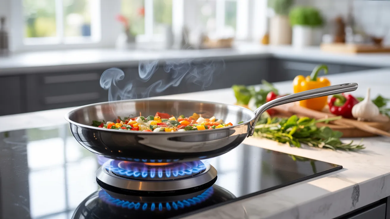A wok on a gas stove with colorful vegetables sizzling as they cook.