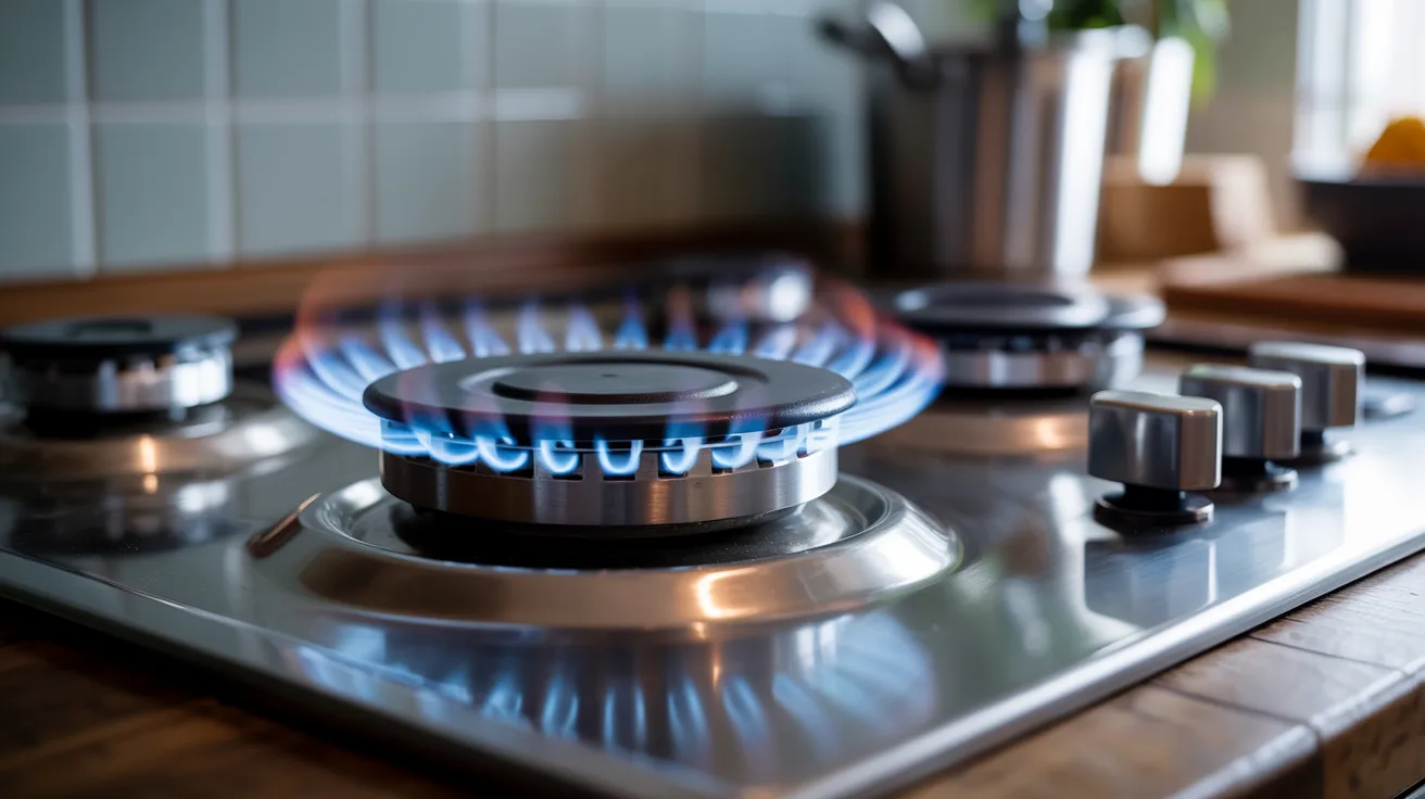 A lit gas stove burner with blue flames is prominently shown, surrounded by other burners and control knobs in a modern kitchen setting.
