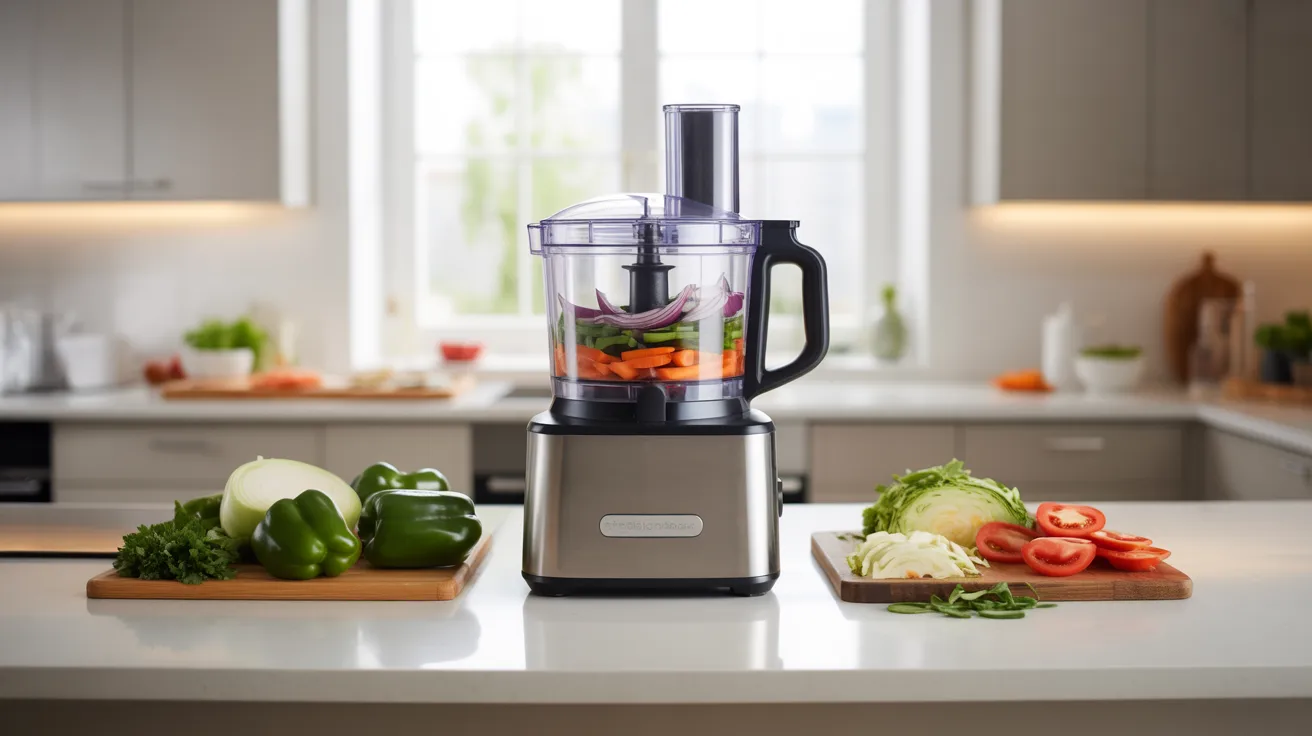 A food processor on a counter surrounded by fresh vegetables and various ingredients ready for meal preparation.
