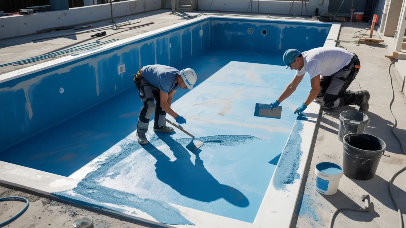 Two workers in hard hats apply blue waterproof paint to an empty swimming pool. They use brushes and trowels, conveying a focused, industrious atmosphere.