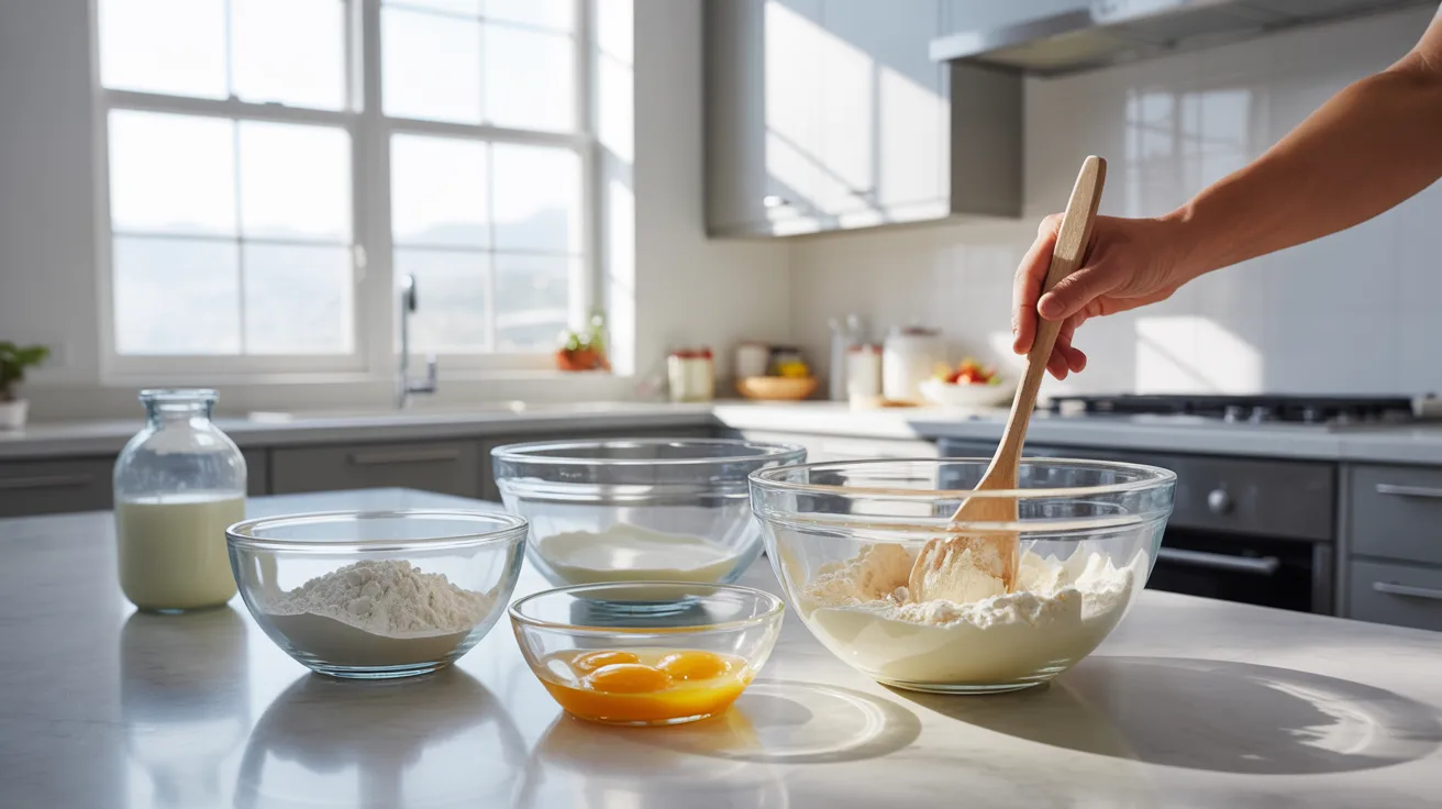 A person mixes ingredients in a bowl, focused on combining the elements for a recipe.