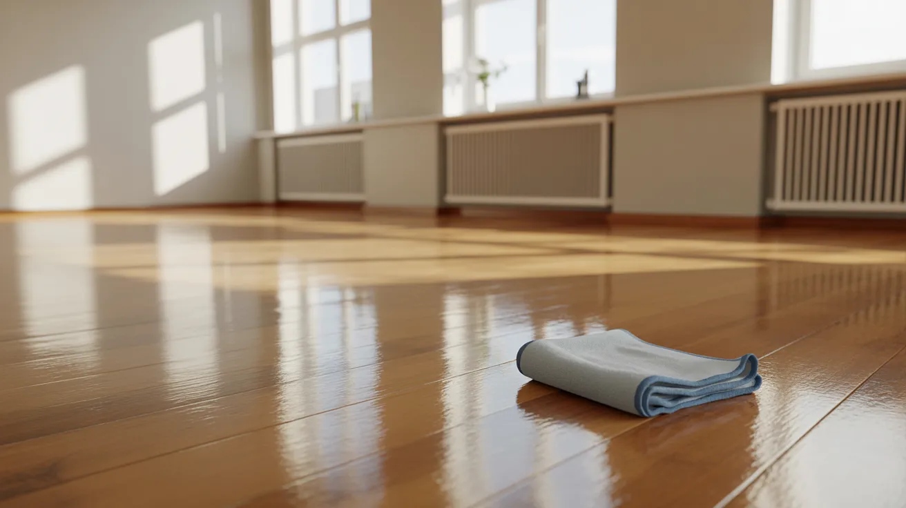 A sunlit room with polished wooden floors reflects natural light. A folded blue cloth lies on the floor, suggesting cleanliness and warmth.