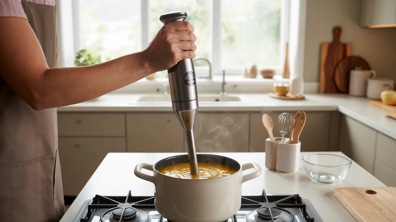 A person stirring soup in a pot on a stove, with steam rising from the pot in a cozy kitchen setting.