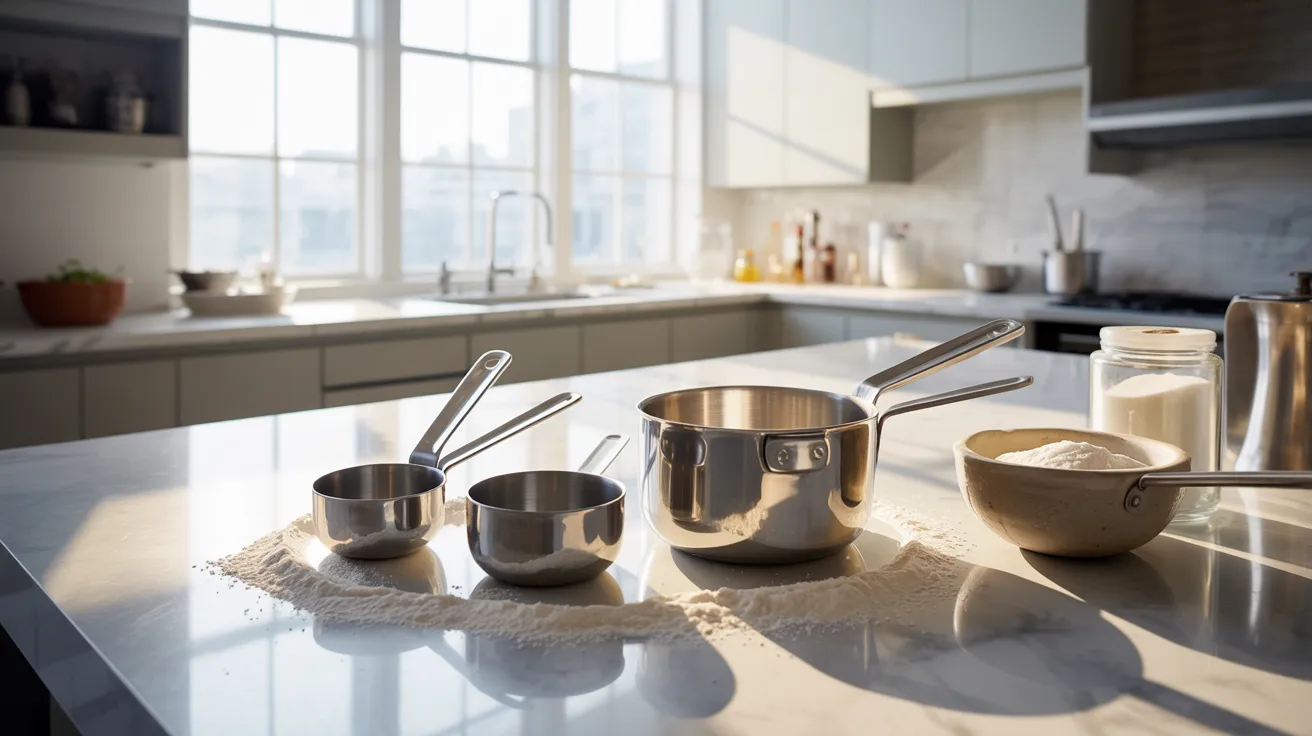 A variety of kitchen utensils arranged neatly on a kitchen counter, including spatulas, whisks, and measuring cups.