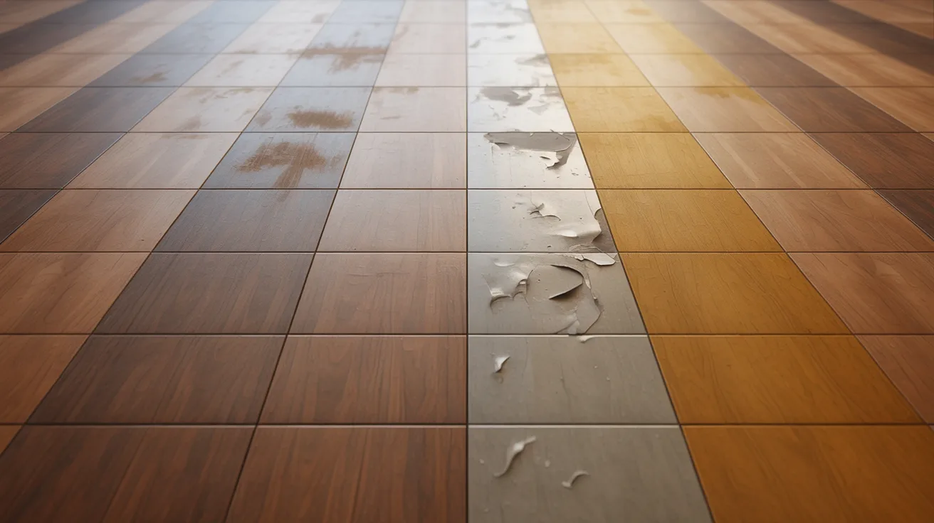 Close-up of multi-colored wood floor tiles, some wet and others with peeling surfaces. The warm tones create a pattern, with an imperfect, aged look.
