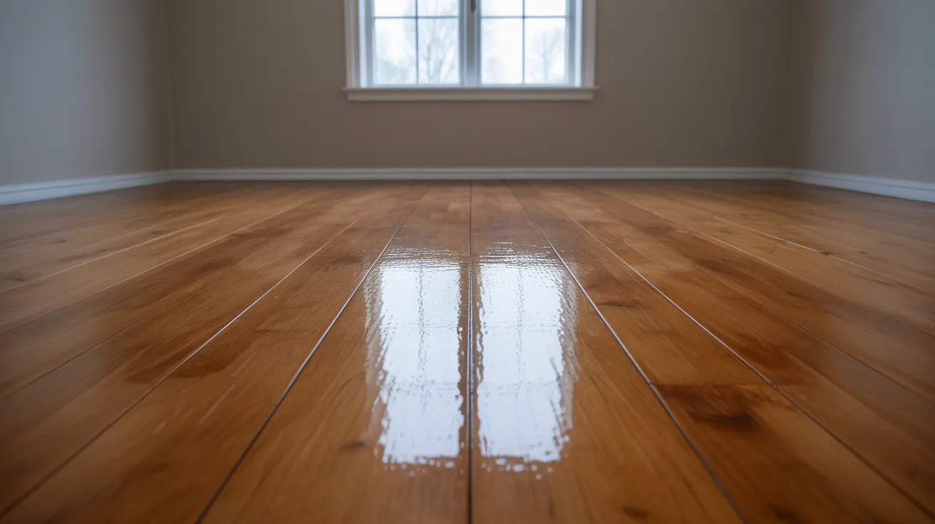Polished wooden floor in an empty room reflects light from a window, creating a serene and clean atmosphere. The light wood contrasts with neutral walls.