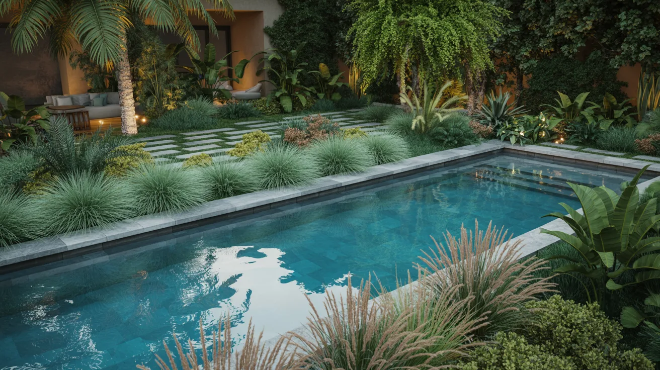 A tranquil backyard features a clear blue swimming pool surrounded by lush greenery, including palm trees and ornamental grasses, creating a serene, tropical ambiance.