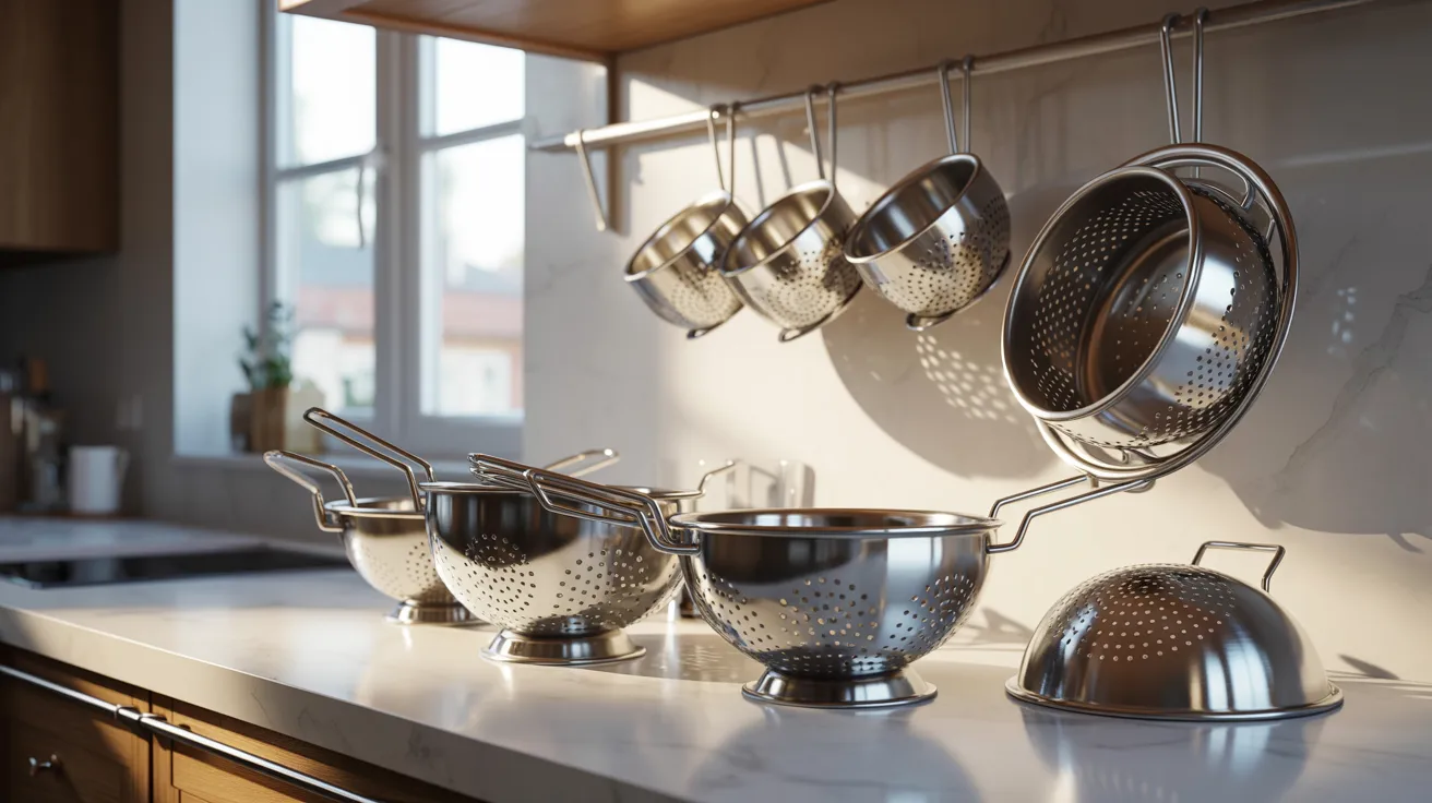 Kitchen utensils, including pots and spatulas, hanging neatly on a wall in a well-organized kitchen.