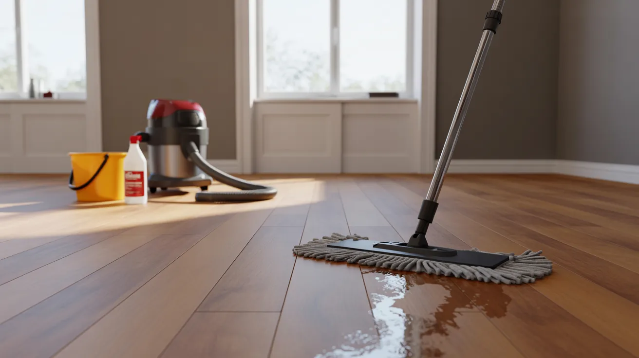 A clean wood floor with a mop in use, leaving a wet trail. A vacuum, yellow bucket, and cleaning spray are in the background. Sunlight streams through windows.