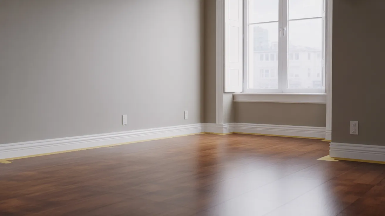 An empty room with light gray walls, large windows, and warm wood flooring. The space is clean, bright, and serene, with natural light creating a calm atmosphere.